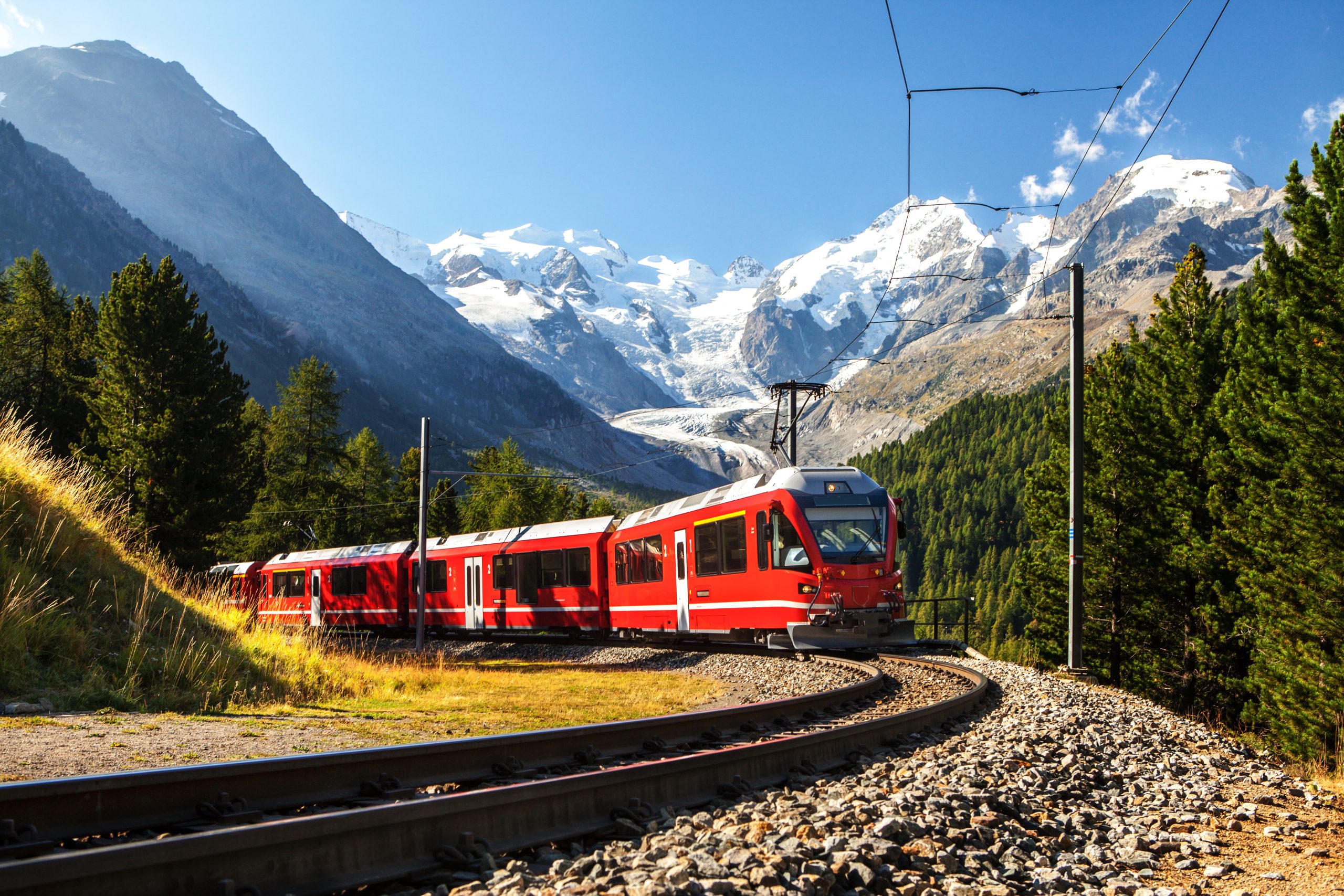 train in the scenic swiss alps around bernina and moteratsch gla